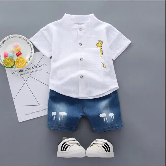 New Summer Hot Sale Toddler Kids Baby Boys Shirt Cartoon Tops Denim Shorts Pants Outfits Set Baby Clothes