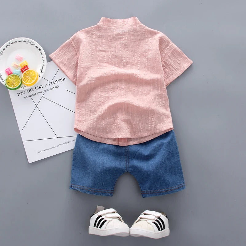 New Summer Hot Sale Toddler Kids Baby Boys Shirt Cartoon Tops Denim Shorts Pants Outfits Set Baby Clothes