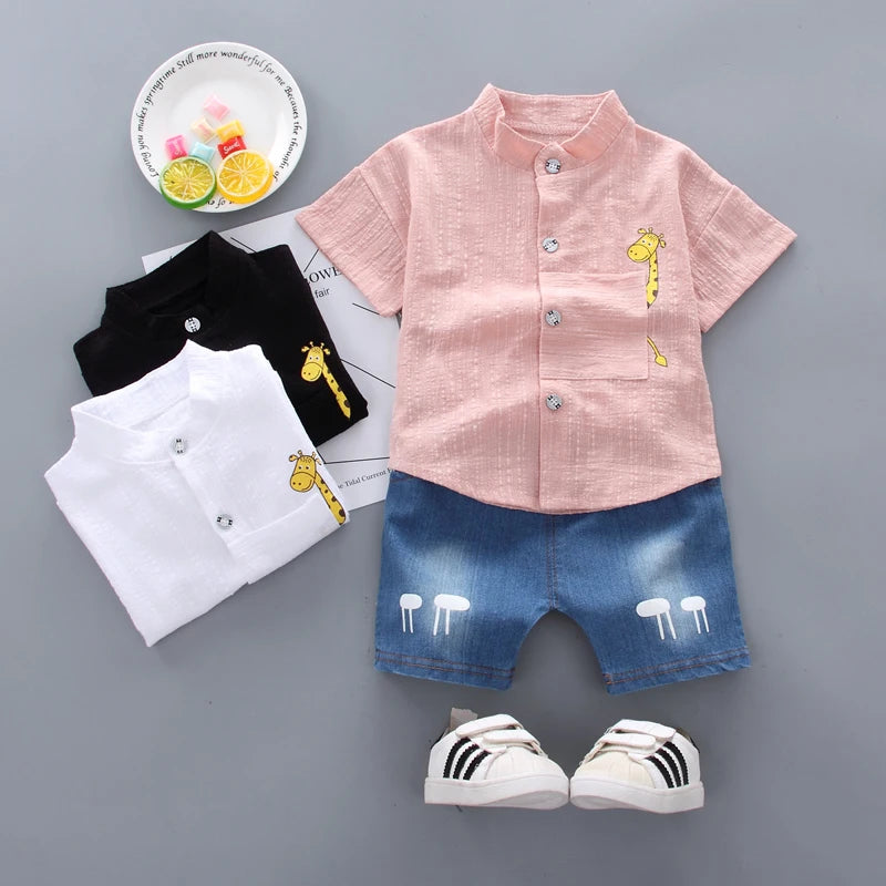 New Summer Hot Sale Toddler Kids Baby Boys Shirt Cartoon Tops Denim Shorts Pants Outfits Set Baby Clothes