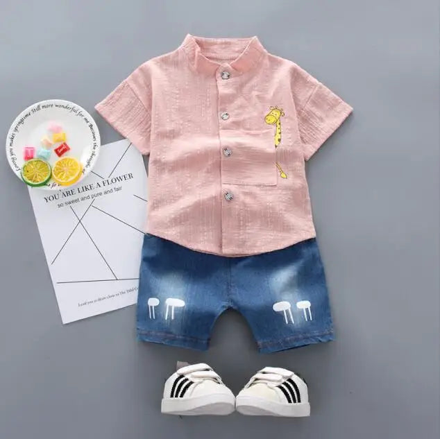 New Summer Hot Sale Toddler Kids Baby Boys Shirt Cartoon Tops Denim Shorts Pants Outfits Set Baby Clothes