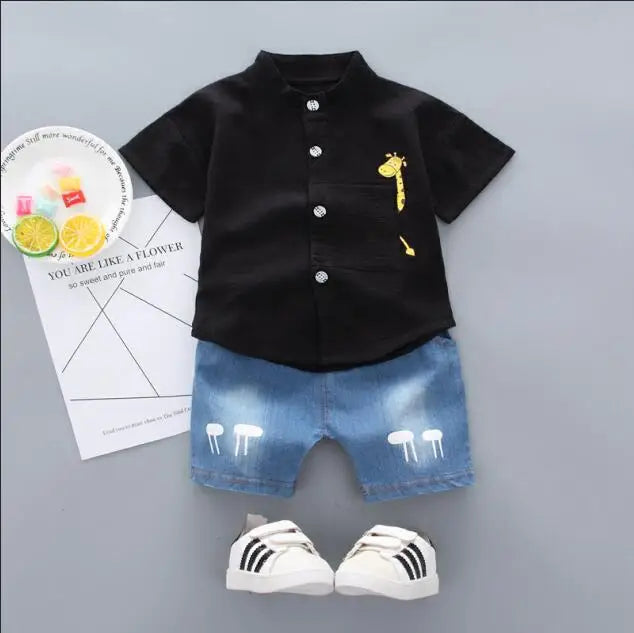 New Summer Hot Sale Toddler Kids Baby Boys Shirt Cartoon Tops Denim Shorts Pants Outfits Set Baby Clothes